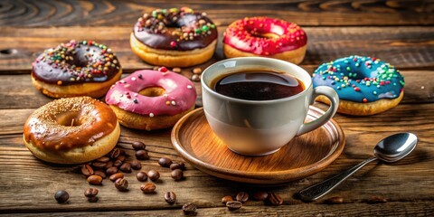 A warm cup of freshly brewed coffee paired with a variety of delightful donuts on a rustic wooden table, ideal for a cozy morning indulgence.