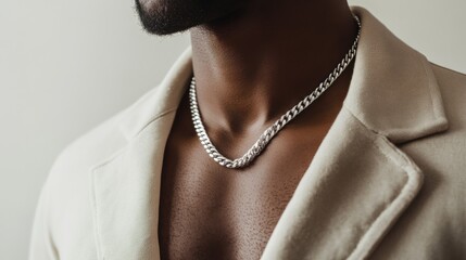 Close-up of a Man Wearing an Elegant Silver Necklace for Fashion Editorial