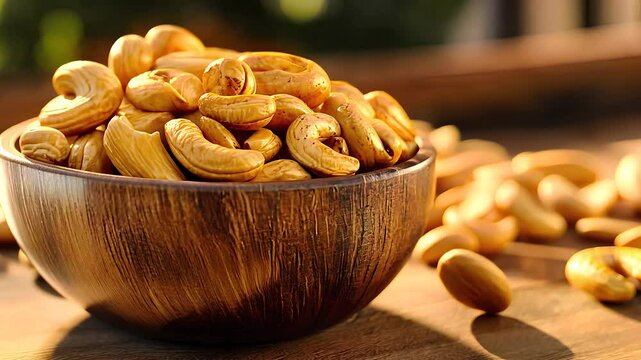 Bowl of roasted cashew nuts in natural light, representing healthy snacks, nutrition, and delicious gourmet food in a rustic setting.