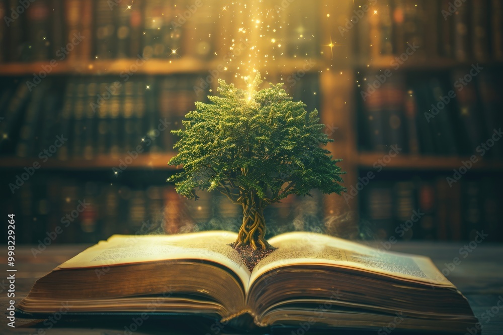 Poster A unique scene of an open book with a tree growing out of it, great for representing knowledge and nature