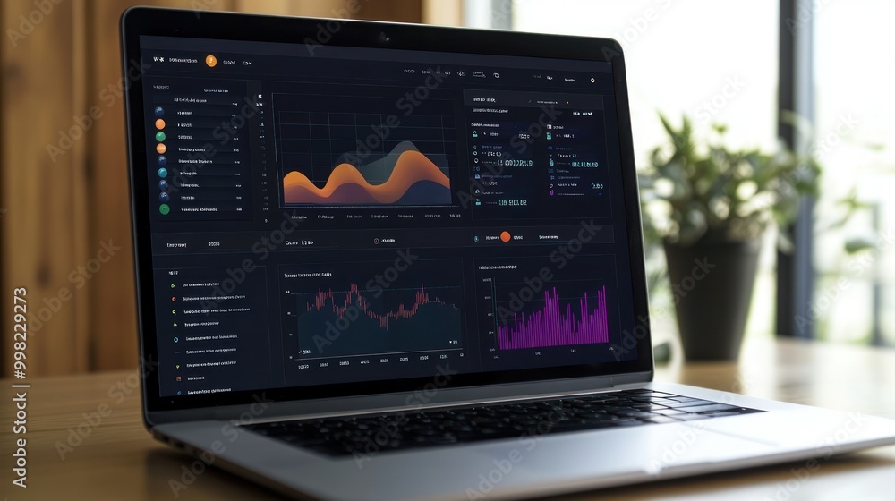 Poster laptop screen displaying financial data and charts