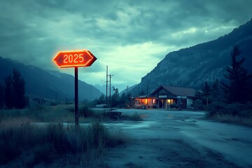 A desolate roadside scene with a glowing sign.