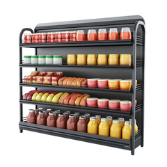 A supermarket shelf displaying goods in various colors