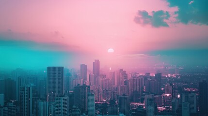 Cityscape with Neon Glow, Vaporwave Twilight.