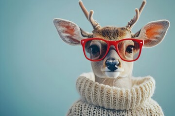 Deer wearing sunglasses, festive sweater, vibrant colors, professional shot.