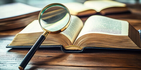 An open book with a magnifying glass on a wooden table in the library. Close-up