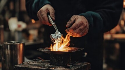 A silversmith is melting metal to create jewelry.
