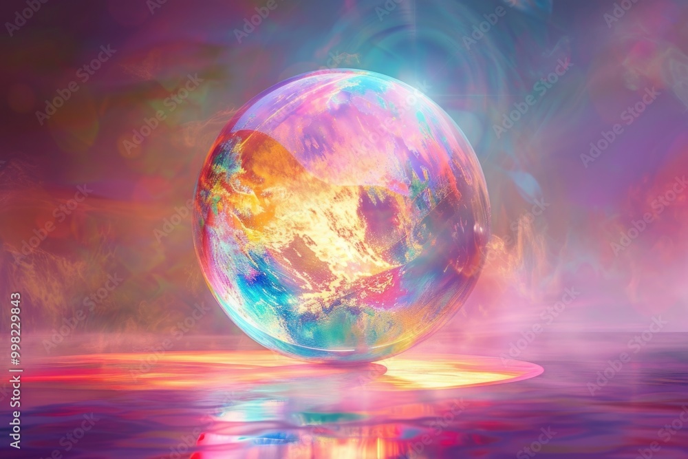 Poster Colorful sphere floats on calm water, great for summer or beach scenes