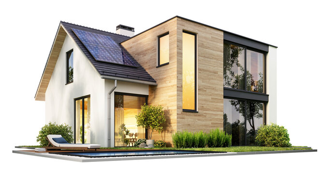Modern house with solar panels on a transparent background