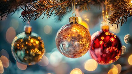 Close up of three Christmas ornaments on a pine branch.
