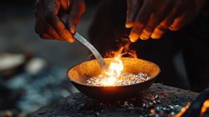 A silversmith is melting metal to create jewelry.
