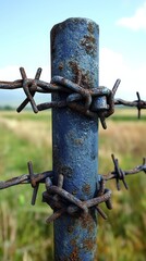 Rusty barbed wire wrapped around a blue metal post, set against a backdrop of green fields under a clear blue sky.
