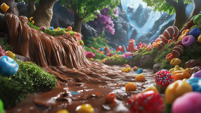 Chocolate river flowing through a candy garden.