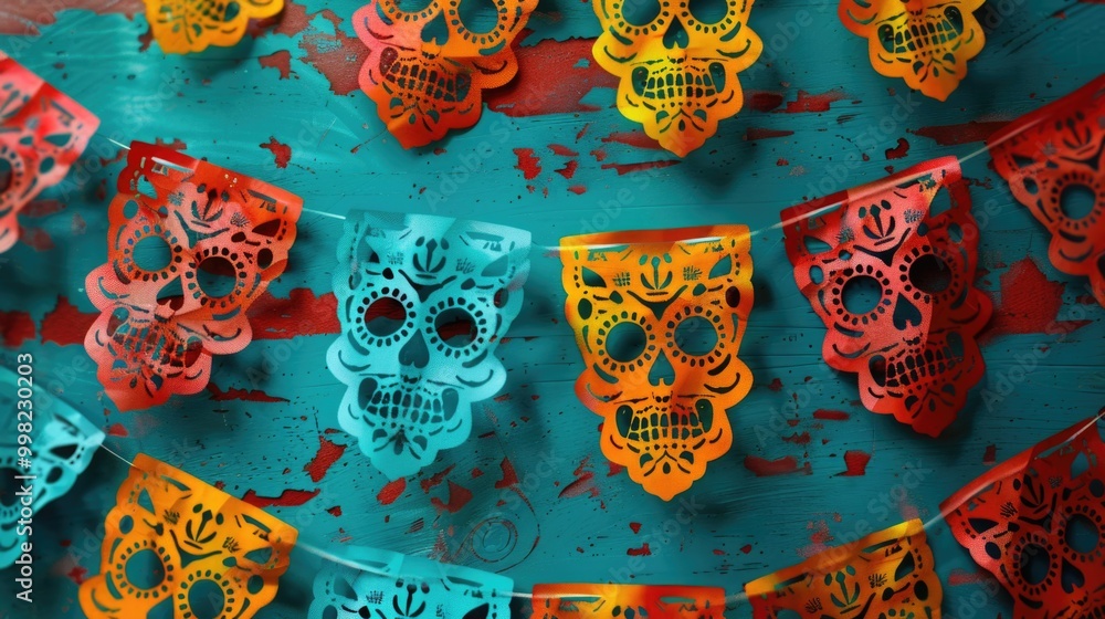 Poster a collection of colorful sugar skulls hanging from a string, perfect for decorating and celebrating 