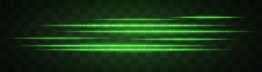Horizontal green light effect isolated on transparent background. Graphical patch of reflected light. Neon stripes. Bright glowing lines. Lens flare. Abstract rays. Vector illustration