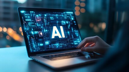 Artificial intelligence and digital technology. Person using AI with laptop at work. Creative content. Generate text or image. Command input on website. Bot assistant conversation.