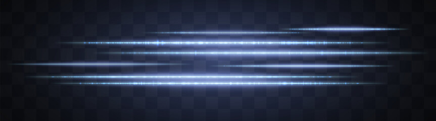Obraz premium Horizontal blue light effect isolated on transparent background. Graphical patch of reflected light. Neon stripes. Bright glowing lines. Lens flare. Abstract rays. Vector illustration