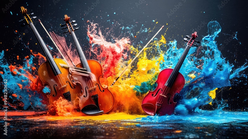 Poster musical instruments surrounded by a swirl of colorful paint splashes on a black background, creating