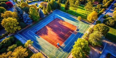 A spacious outdoor basketball court, framed by lush trees and a clear blue sky, basks in the warmth of a sunny day, inviting players to enjoy.