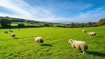 Obraz premium Sheep grazing under the warm sun in a lush green field, their woolly bodies standing out against the clear blue sky, creating a peaceful countryside scene.