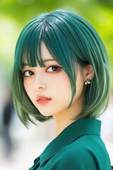 Naklejka premium A young woman with vibrant green hair gazes thoughtfully outdoors in a sunlit setting