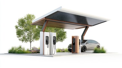 Solar-powered EV charging stations with wireless charging pads, an integrated washing station, and a relaxation zone for drivers, placed on a white background.