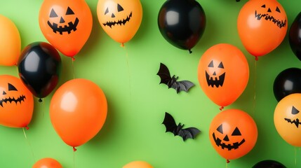 Halloween balloons on green background closeup