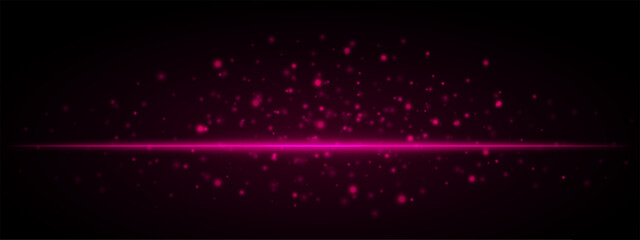 Obraz premium Horizontal purple light effect isolated on dark background. Neon stripe with bright glowing lines and sparkling particles. Abstract rays. Vector illustration.