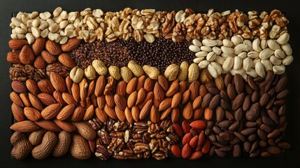 Obraz premium Assorted Nuts and Seeds Arranged in Rows on Black Background