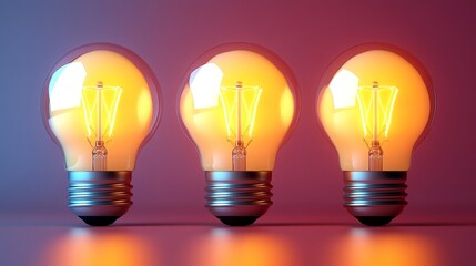 Three glowing light bulbs emit a warm amber hue against a colorful backdrop, symbolizing ideas and innovation.