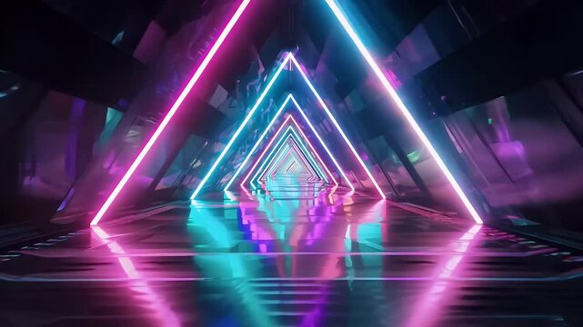 Dynamic animation flying luminous neon triangles reflective metal floor creating enchanting tunnel shrouded fog showcasing stunning spectrum blue pink violet fluorescent lights perfect modern VJ