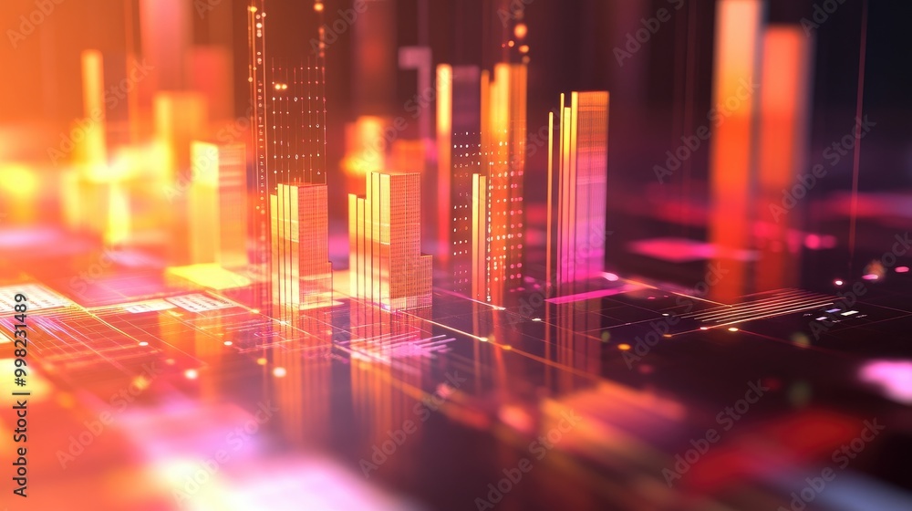 Poster a digital 3d bar graph displayed above a financial report, with light reflections and shadows enhanc