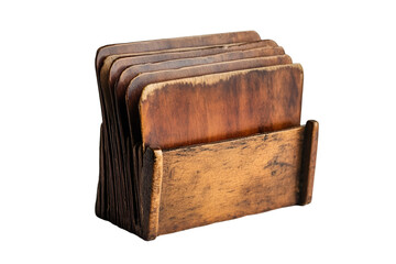 a wooden card holder with a white background

