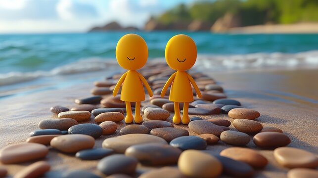 Two cheerful yellow figures stand on a pebble pathway by the seaside, enjoying a sunny day by the beautiful ocean.