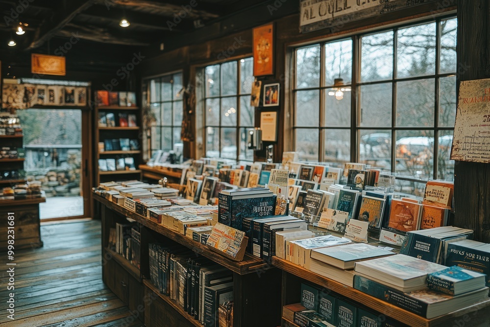 Sticker A bookstore interior with wooden shelves stocked with books, with a large window looking out onto a forest scene.