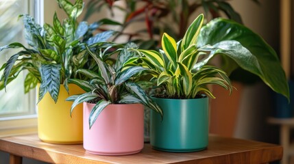 Fototapeta premium Three colorful plant pots holding different varieties of indoor plants, creating a fresh, bright display of natural beauty.