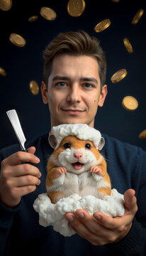 a man holding a hamster in his hand and a razor blade in other hand. gold coins falling on a background.