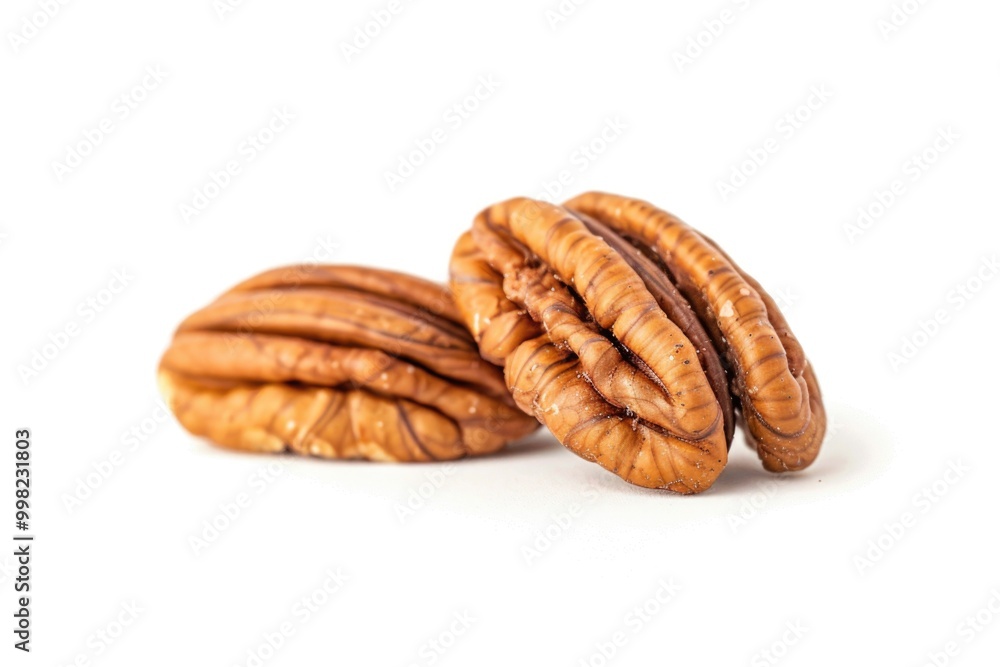 Poster two pecans stacked on top of each other, showcasing the unique shape and structure of these nuts