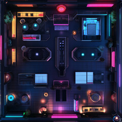 Fototapeta premium Cyberpunk Battle Map for Tabletop RPGs, Detailed Top-Down Sci-Fi Map for DnD, Urban Adventure Background for Virtual Tabletop Play, Futuristic City with Neon Lights and Dystopian Vibes