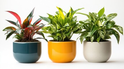 Obraz premium Three colorful plant pots holding different varieties of indoor plants, creating a fresh, bright display of natural beauty.