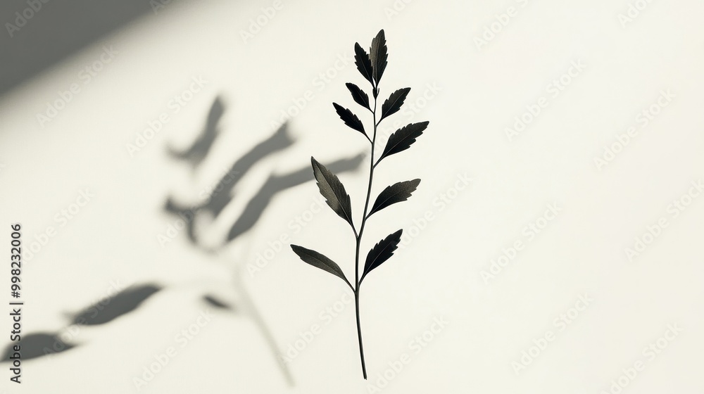 Poster silhouette of a branch with leaves and its shadow on a white background