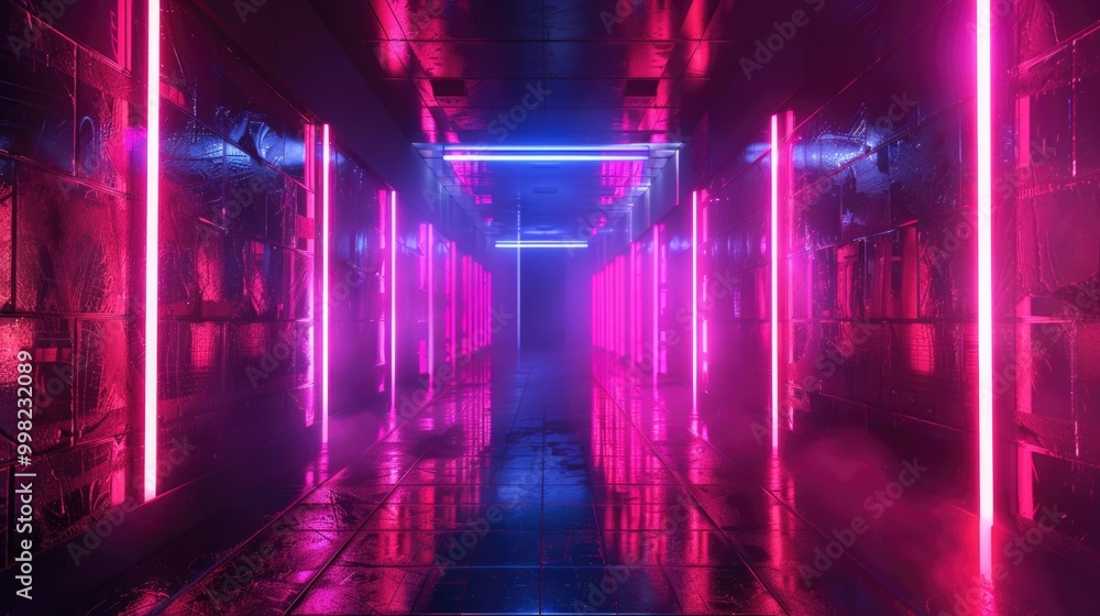 Poster a long corridor with neon lights in the middle, suitable for sci-fi or futuristic themed projects