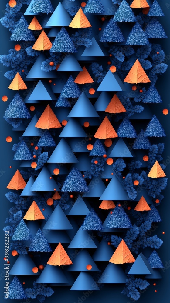 Poster vibrant geometric pattern with blue and orange cones, creating a dynamic and modern visual appeal fo