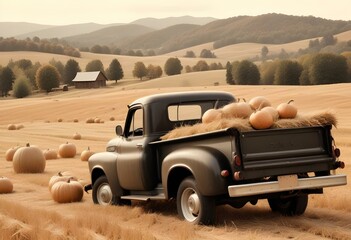 Vintage black pickup truck carrying a load of pumpkins in the back