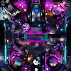 Cyberpunk Battle Map for Tabletop RPGs, Detailed Top-Down Sci-Fi Map for DnD, Urban Adventure Background for Virtual Tabletop Play, Futuristic City with Neon Lights and Dystopian Vibes