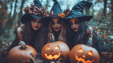 Fototapeta premium Halloween Celebrations with Witches and Pumpkins in an Autumn Forest Setting