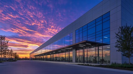 Obraz premium Modern building reflecting a colorful sunset sky.