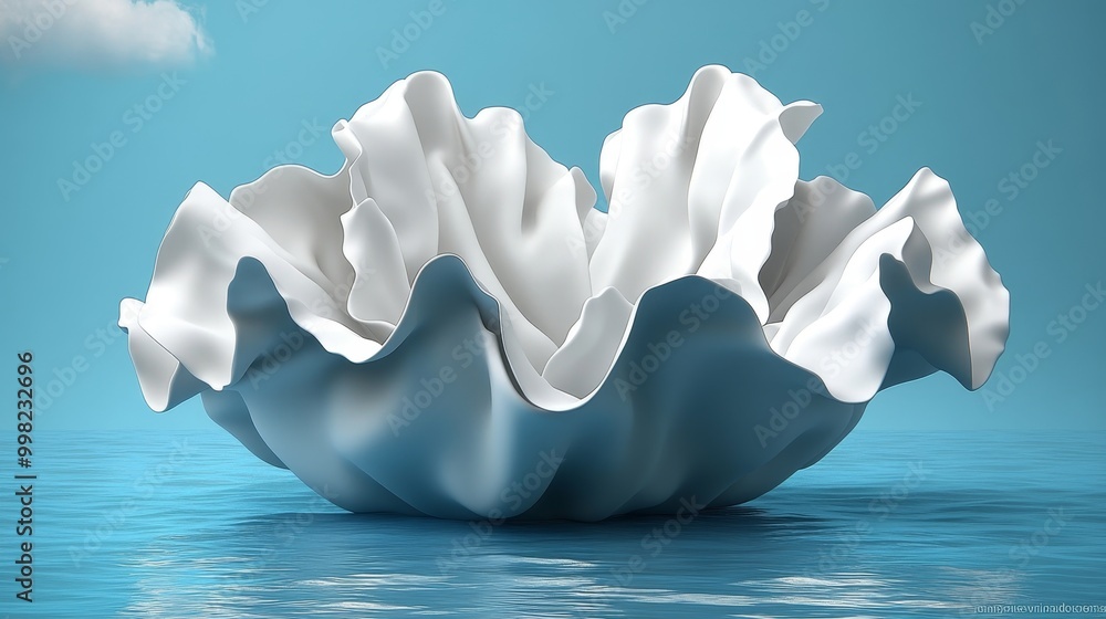 Poster a beautiful, stylized shell-shaped object in a serene blue setting, creating a tranquil and artistic