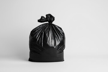 Black garbage bag filled with waste, isolated on white background, highlighting pollution and recycling importance concept