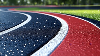 Wet running track with colorful lanes, perfect for athletic events and sports photography.
